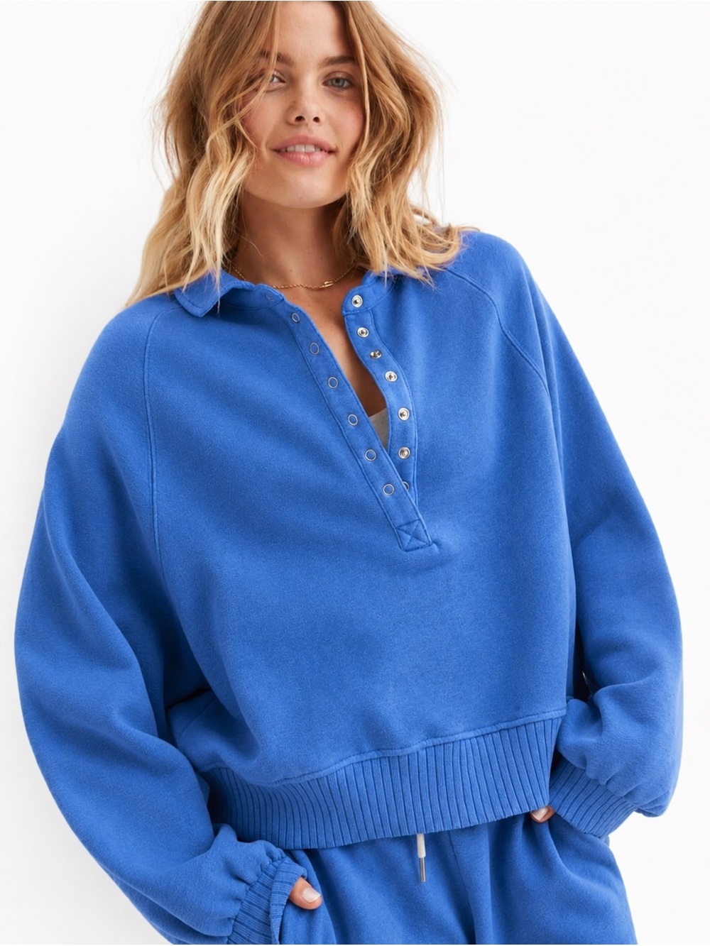 Aerie Blue Vintage Wash Snap Pullover XS Oversized NEW